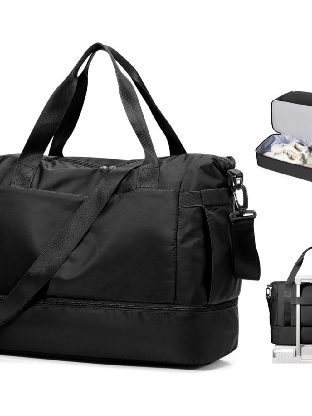 Small Black Gym Duffle Bag for Women Men with Shoe Compartment, Mini Cute Weeken